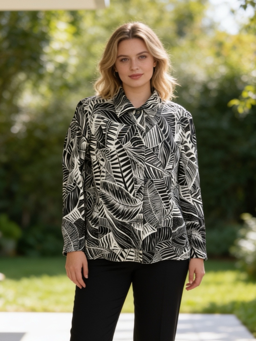 Chico’s Additions Black White Leaf Print Jacket XL Size 3 (16/18) Cotton